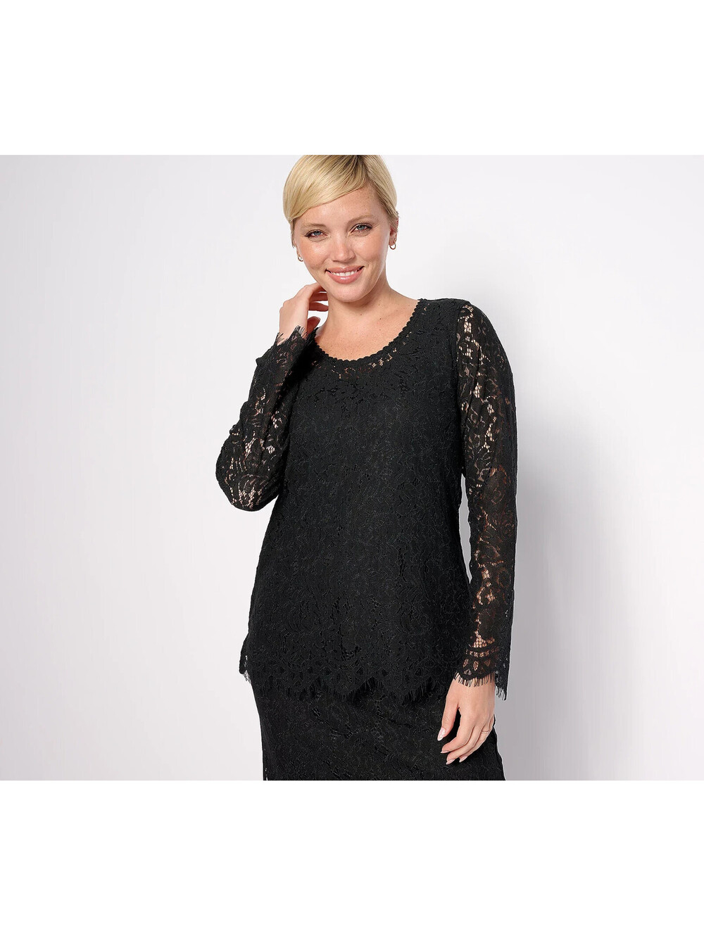 #744 Isaac Mizrahi Live! Stretch Knit Lace Long-Sleeve Top Size XXS